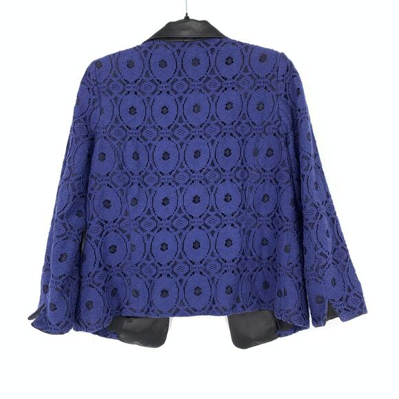 Chicos Jacket Womens Size 1 US M Blue Lace Black Satin Trim Open Front - Picture 2 of 5